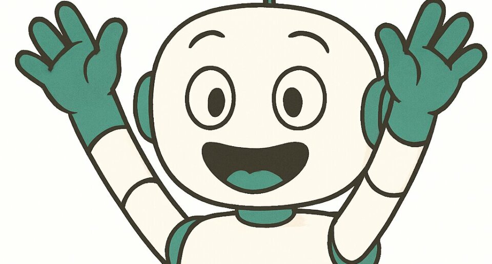 Mascotte robot joyeuse levant les bras avec un grand sourire