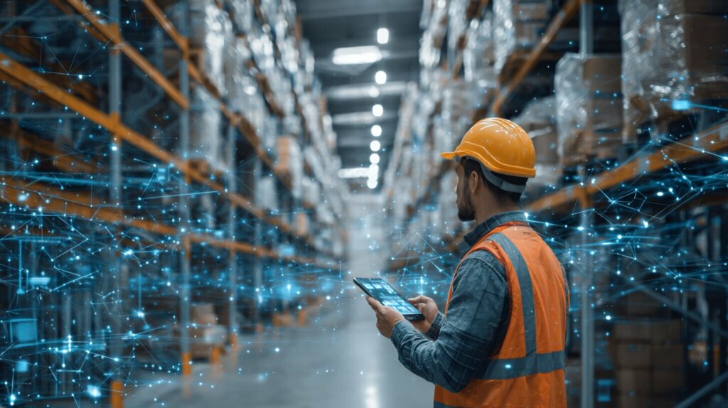Employé logistique utilisant une tablette dans un entrepôt connecté avec échanges de données en temps réel.