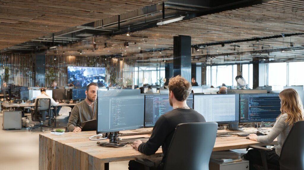 Équipe professionnelle travaillant dans un open space moderne sur des écrans affichant des données de gestion ERP et B2B