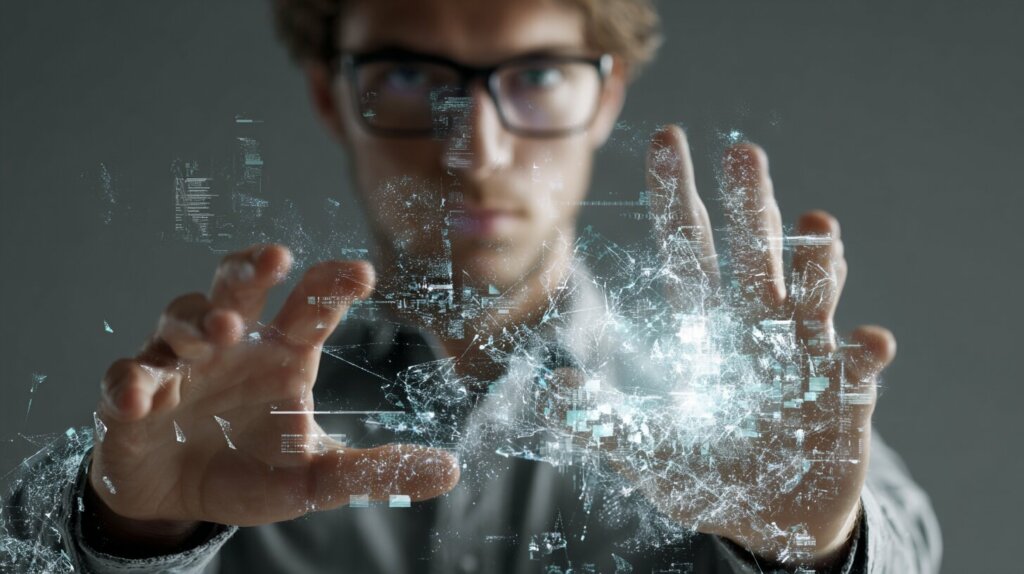 Homme utilisant une interface digitale holographique avec des données en temps réel, symbolisant la transformation digitale et l’automatisation B2B.