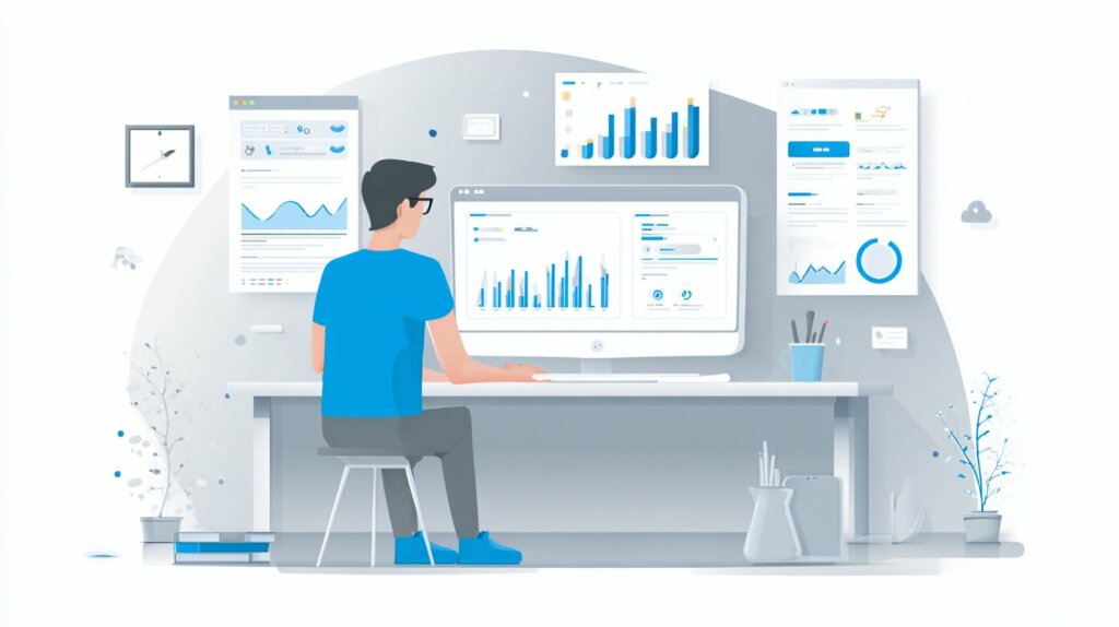 Illustration d’un professionnel utilisant un portail B2B avec des graphiques de données en temps réel. 
