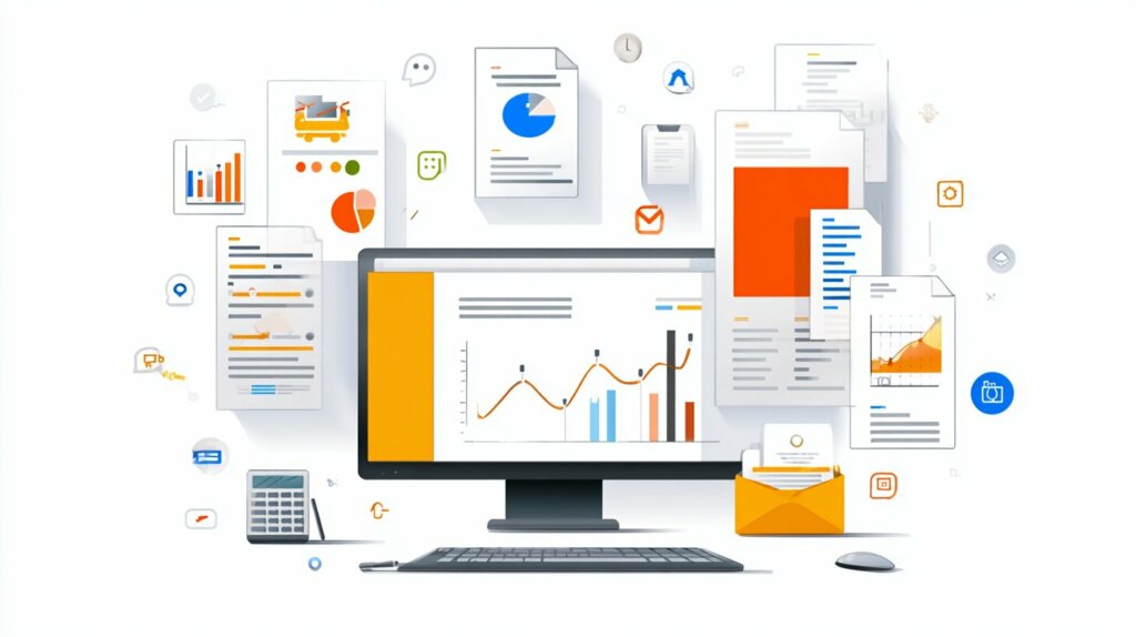 Illustration d’un portail B2B affichant des graphiques, documents et rapports pour centraliser la gestion commerciale. 