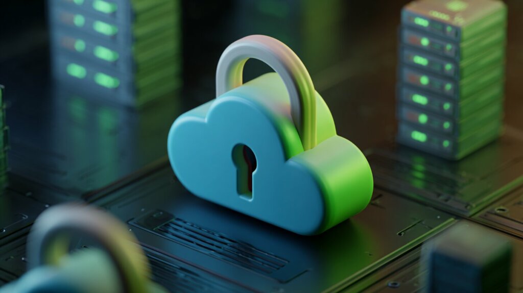 Illustration d’un cadenas en forme de nuage représentant la sécurité et la protection des données dans un portail B2B. 