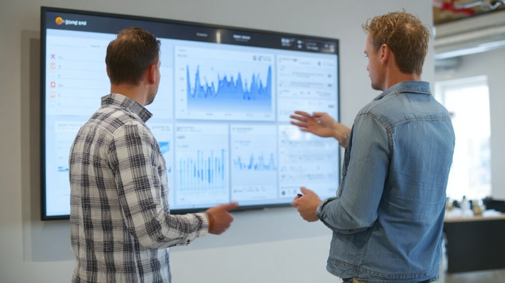 Deux hommes analysant des données en temps réel sur un écran de tableau de bord ERP B2B.