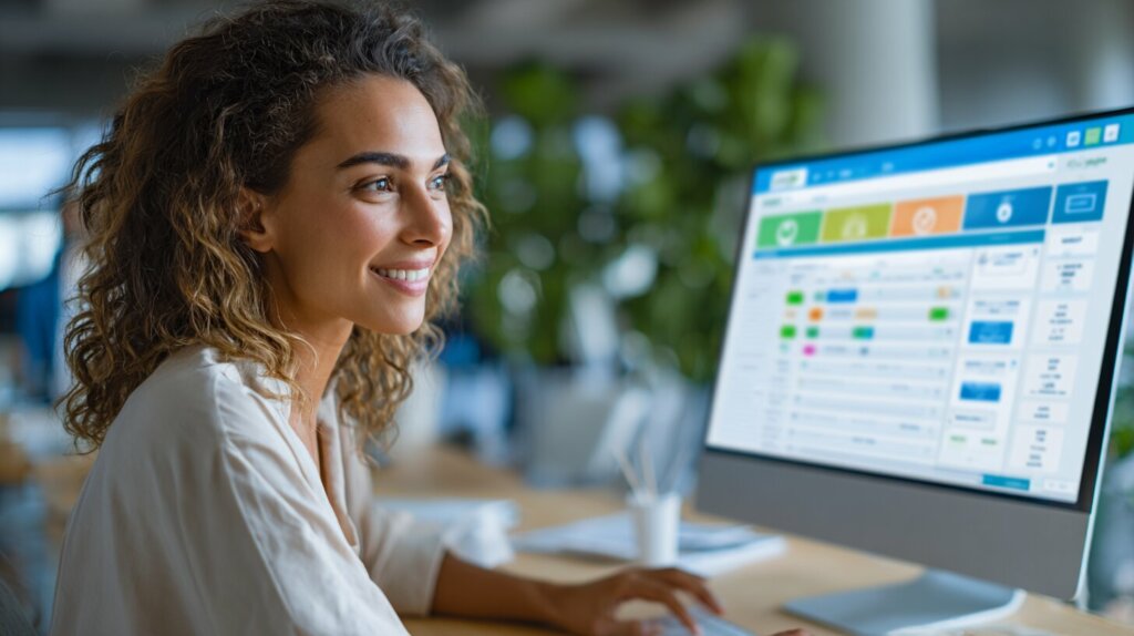 Femme souriante utilisant un portail B2B sur son ordinateur, consultant ses commandes et ses documents en ligne dans un environnement professionnel moderne.
