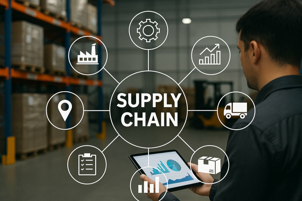 Employé industriel utilisant une tablette pour superviser la supply chain avec des indicateurs de performance et des icônes de logistique connectées.