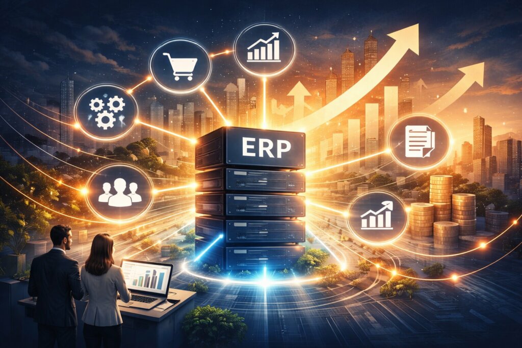 ERP centralisant les fonctions clés d’une PME : finance, ventes, production et ressources humaines