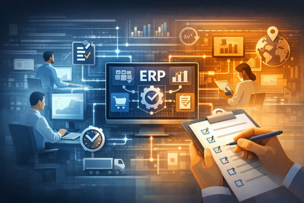 Illustration ERP montrant la coordination opérationnelle de la supply chain avec automatisation des processus et pilotage par indicateurs