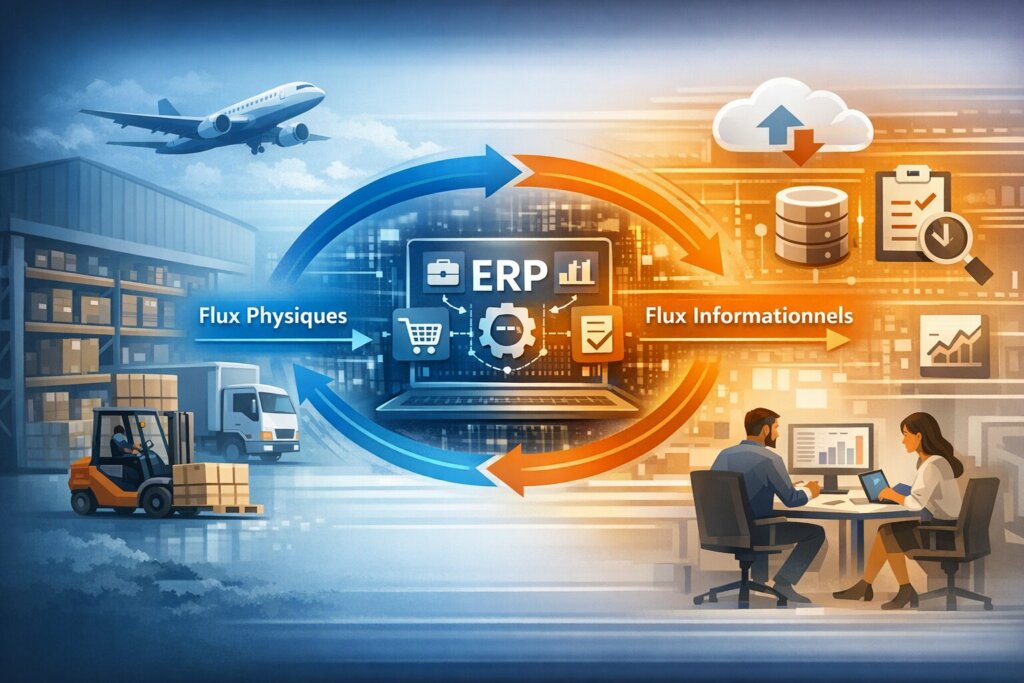 Illustration ERP supply chain montrant l’intégration des flux physiques et informationnels entre entrepôt, transport et système centralisé