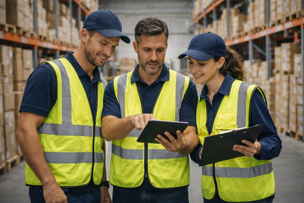 Coordination opérationnelle en entrepôt avec équipe supply chain analysant les flux logistiques